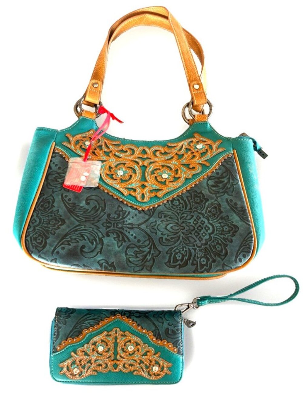American Bling Handbag and Wrist Wallet Set Turquoise & Brown NEW
